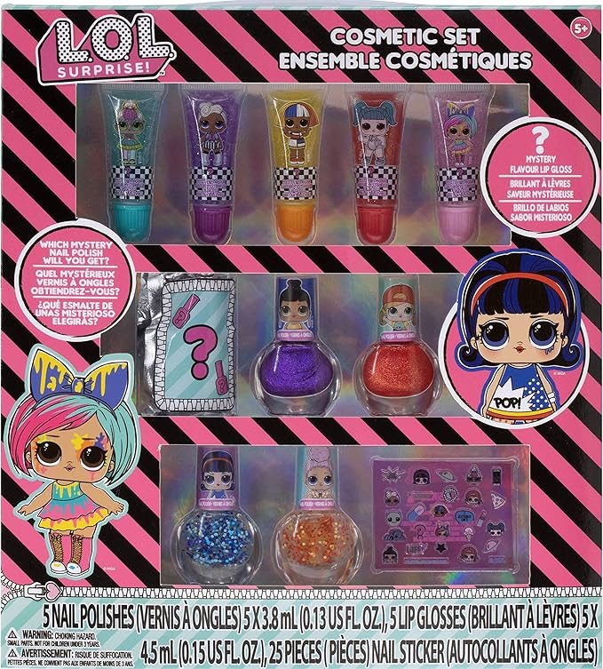 LOL Surprise Townley Girl 11 Pcs Sparkly Cosmetic Makeup Set for Kids Includes 5 Lip Gloss, 5 Nail Polish & Nail Stickers for Girls Tweens, Ages 3+ Perfect for Parties, Sleepovers and Makeovers-BrightBean Baby