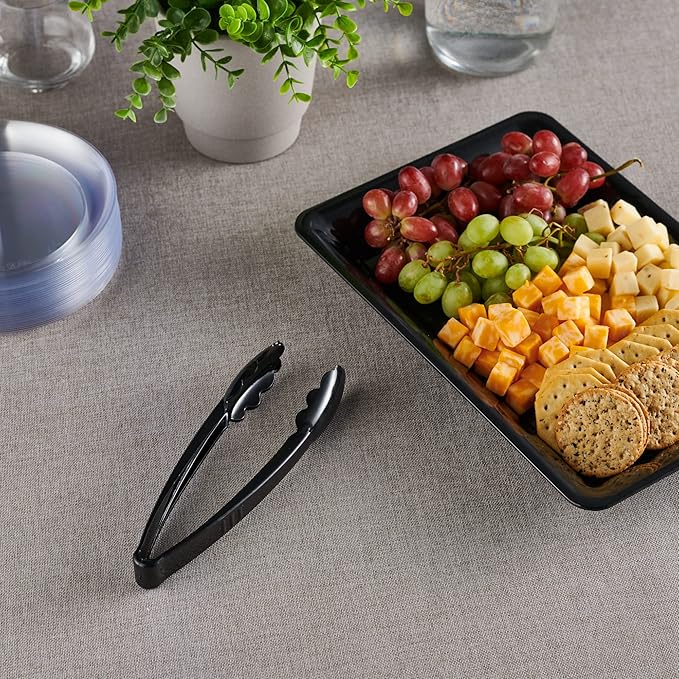 [Black Tongs 9'' Inches] Plasticpro 9'' Serving Tongs Heavy Duty Reusable Kitchen and BBQ Black Serving Tong for party's, Caterings, Events, Buffet, Weddings, And every Day use Pack of 12