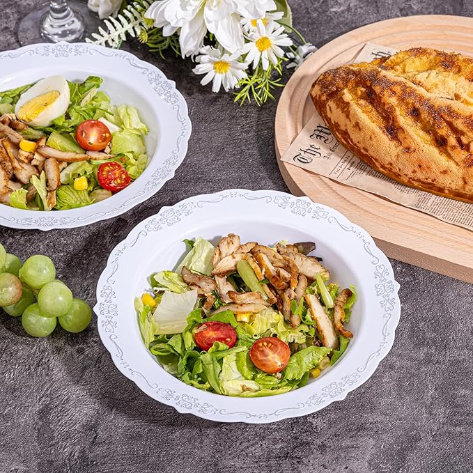 DaYammi 50 Pack Plastic Bowls with Silver Rim, 12oz Disposable Soup Bowls, Heavy Duty Dinner Bowls for Weddings, Parties, Dinners, Catering and Everyday Use