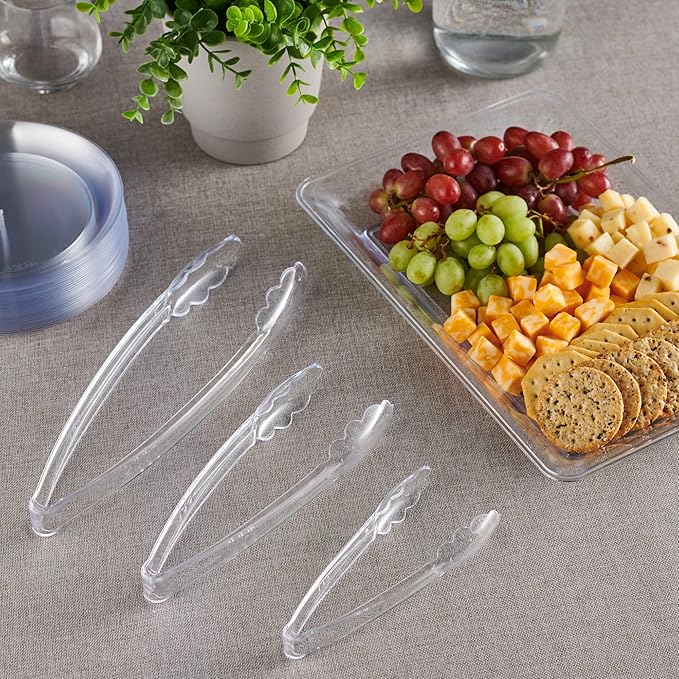 PlasticPro Clear Serving Tongs Combo Set - 4 Each of 7.5'', 9'', 12'' Heavy Duty Reusable Kitchen and BBQ Tongs for Parties, Caterings, Events, Buffet, Weddings - Pack of 12