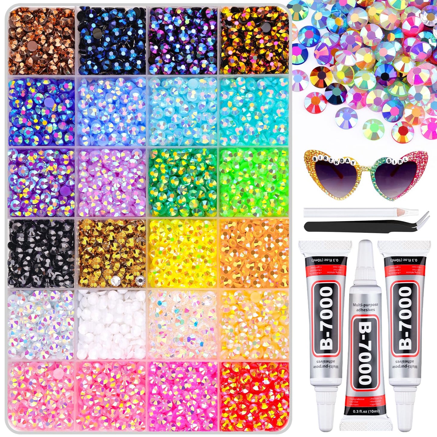 6600Pcs Resin Rhinestones with B7000 Jewelry Glue for Crafting, Multicolors 5mm Non Hotfix Flatback Gems, Bedazzling Crystal for DIY Crafts Clothing Tumblers Mugs Shoes Fabric Decor Nail Art-BrightBean Baby