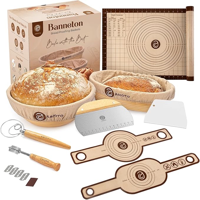 Sourdough Kit with Professional Bread Making Tools - A Complete Sourdough Bread Kit Including 10" Round & 11" Oval Bannetons, Bread Lame, Whisk, Bowl & Dough Scrapers, Slings, and Mat (17-Piece Kit)