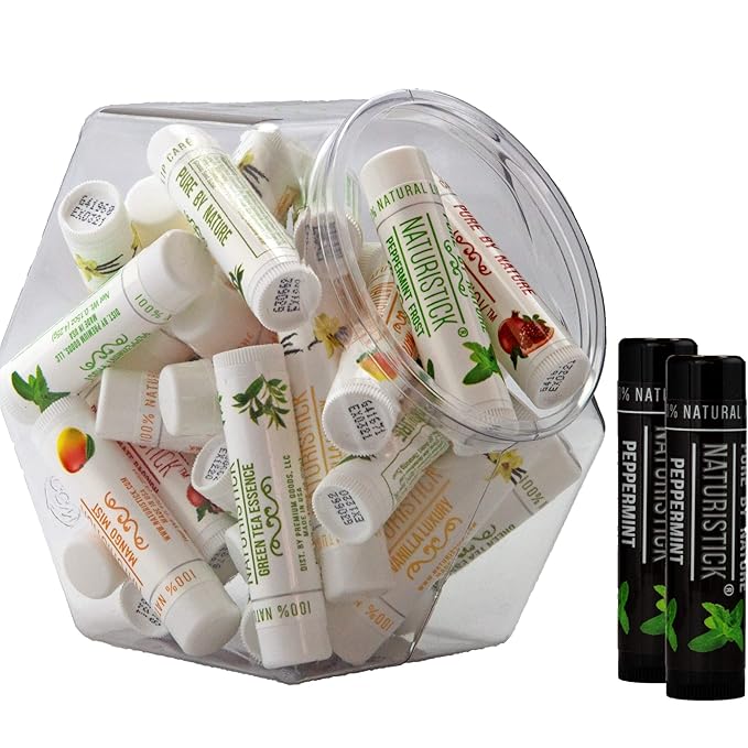 32-Pack Lip Balm in Bulk by Naturistick. Assorted Scents. 100% Natural Ingredients. Includes Mini Display Fishbowl. Best Beeswax Chapstick for Dry, Chapped Lips. Made in USA-BrightBean Baby