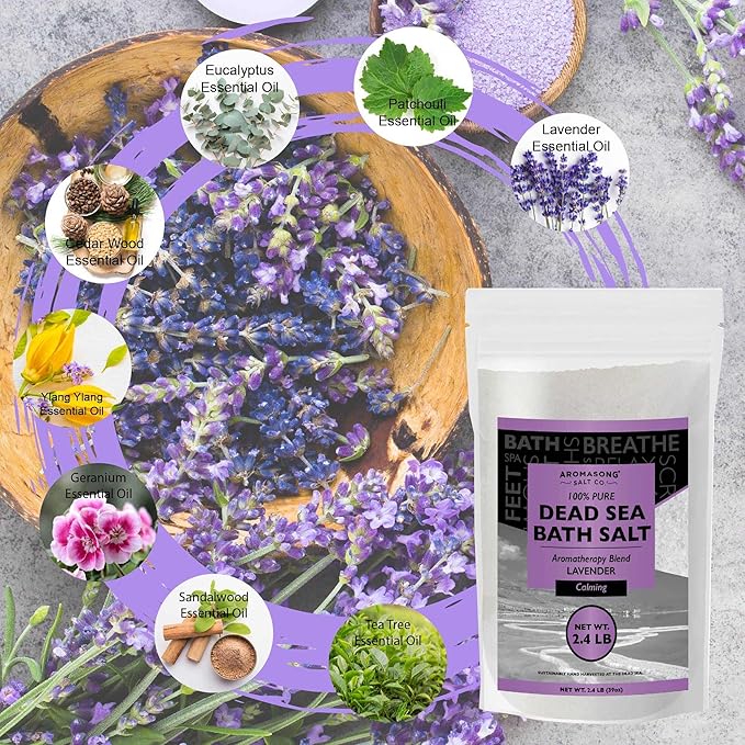 Aromasong Pure Dead Sea Salt for Soaking with 100% Natural Lavender, 2.43 LB - Spa Bath Salt Fine Grain - Body Wash Scrub - Soak for Women & Men- Bulk Resealable Pack-BrightBean Baby
