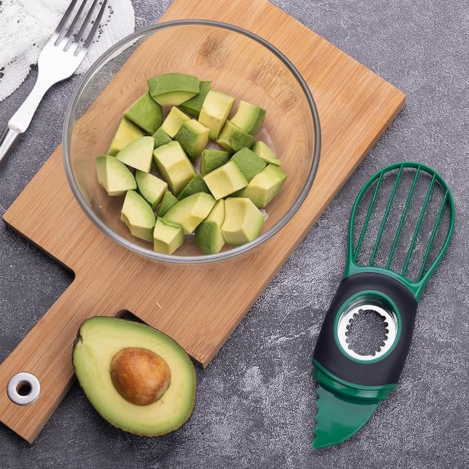 Linoroso Avocado Slicer Tool Kitchen Avocado Knife Set, Good Grips 3-in-1 Avocado Tool with Avocado cutter slicer, Avocado Pit Remover, Avocado Peeler with Cover, Green