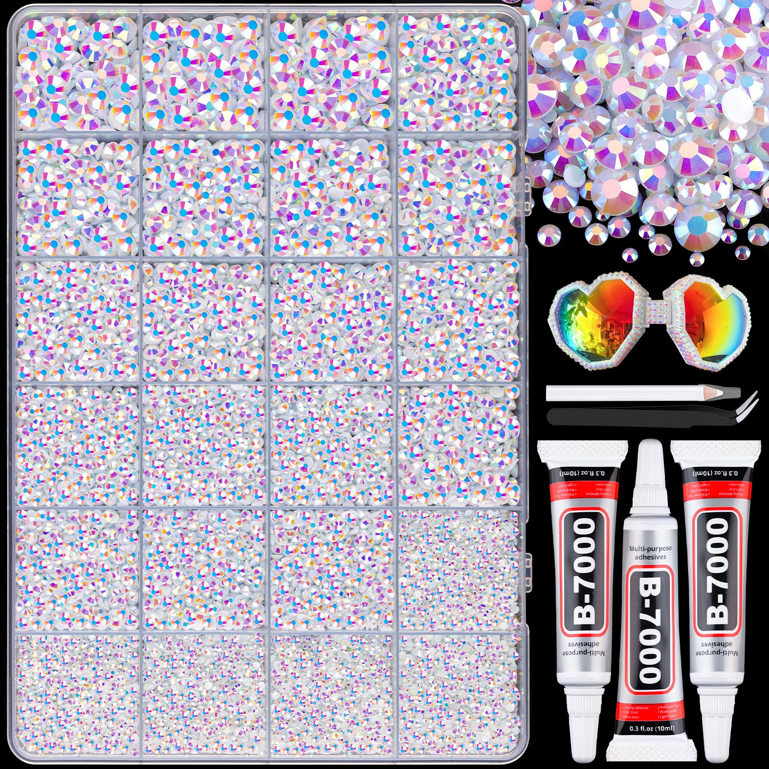 25000Pcs Resin Rhinestones with B7000 Jewelry Glue for Crafting, White AB 2-6mm Non Hotfix Flatback Gems, Bedazzling Crystal for DIY Crafts Clothing Tumblers Mugs Shoes Fabric Decor Nail Art-BrightBean Baby