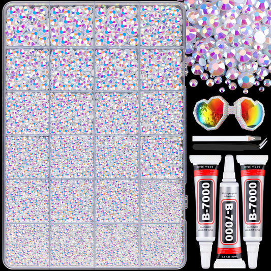 25000Pcs Resin Rhinestones with B7000 Jewelry Glue for Crafting, White AB 2-6mm Non Hotfix Flatback Gems, Bedazzling Crystal for DIY Crafts Clothing Tumblers Mugs Shoes Fabric Decor Nail Art-BrightBean Baby