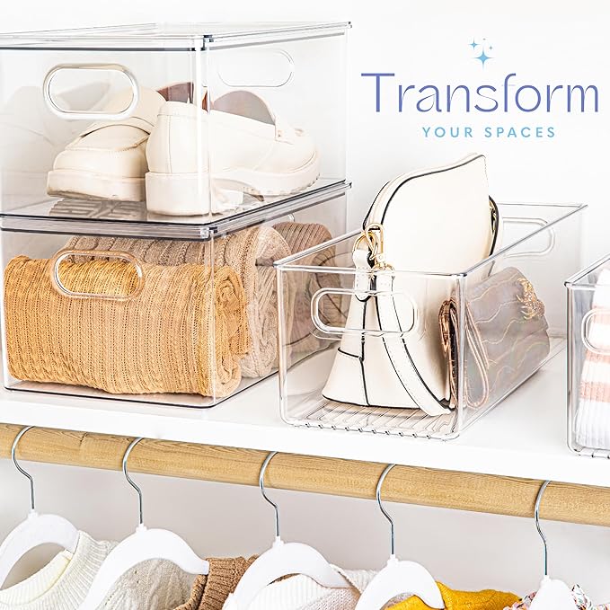 Plastic Food Storage Clear Container Bin with Handles for Organizing Kitchen, Pantry, Fridge, Freezer, Pantry,Bathroom. 16"x6"x5"
