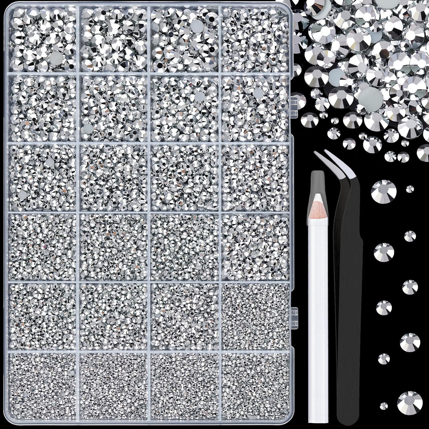 25000Pcs Resin Rhinestones with Tweezers for Crafting, Silver 2-6mm Mixed Sizes Non Hotfix Flatback Gems, Bedazzling Crystal for DIY Craft Clothing Mugs Tumblers Shoes Fabric Decor Nail Art-BrightBean Baby