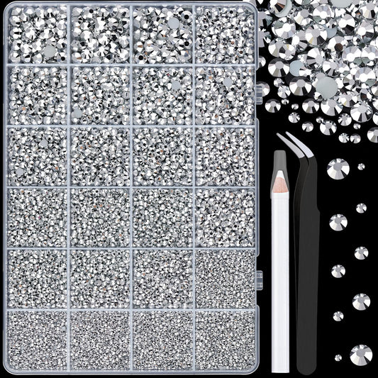 25000Pcs Resin Rhinestones with Tweezers for Crafting, Silver 2-6mm Mixed Sizes Non Hotfix Flatback Gems, Bedazzling Crystal for DIY Craft Clothing Mugs Tumblers Shoes Fabric Decor Nail Art-BrightBean Baby