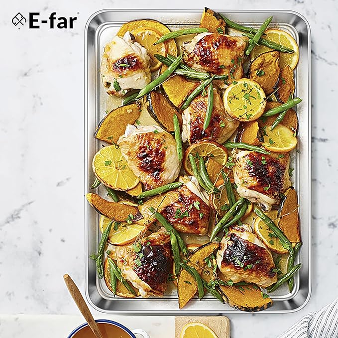 E-far Stainless Steel Baking Sheet, 16” x12” x 1” Baking Cookie Sheet Pan for Oven, Non-toxic Metal Trays for Baking Cake Cookie, Healthy & Rust Free, Mirror Finish & Dishwasher Safe, 1 Pack