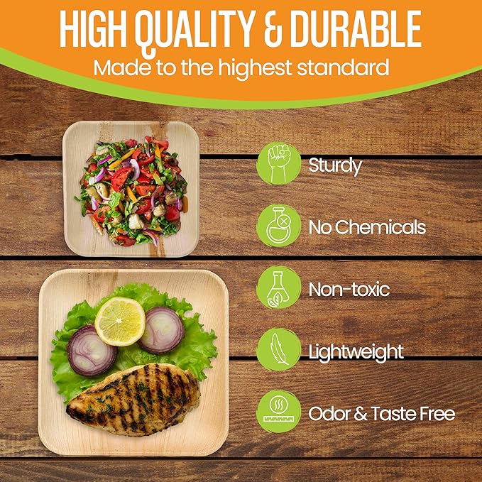 Raj Palm Leaf Plates Disposable Bamboo Plates 10 Inch & 7 Inch Square Bulk Party Pack (50 Pc) Compostable and Biodegradable - Better than Plastic & Paper Plate for Lunch, Birthday, Camping