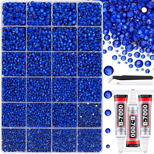 30000Pcs Resin Rhinestones with Tweezers for Crafting, Royal Blue Flatback Gems, Bedazzling Crystal with 3Pcs 10ml B7000 Jewelry Glue for DIY Crafts Clothing Tumblers Shoes Fabric Nail Art-BrightBean Baby
