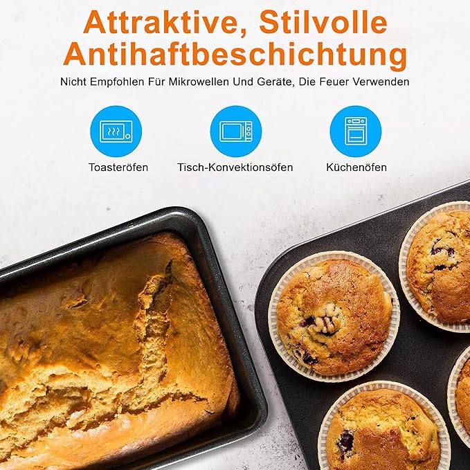 NutriChef 8-Piece Nonstick Stackable Bakeware Set - PFOA, PFOS, PTFE Free Baking Pans Set w/Non-Stick Coating, 450°F Oven Safe, Round Cake, Loaf, Muffin, Wide/Square Pans, Cookie Sheet (Gray)