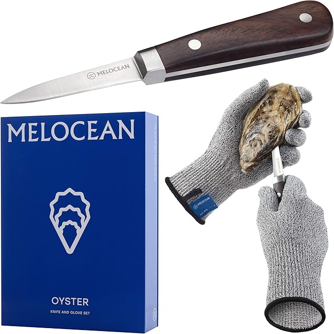 Oyster Shucking Knife and Gloves Set - Premium Oyster Knife and Shucking Gloves Kit - Professional Clam Shucker Opener Tool in Lovely Box - Bonus Ebook and Brochure Included