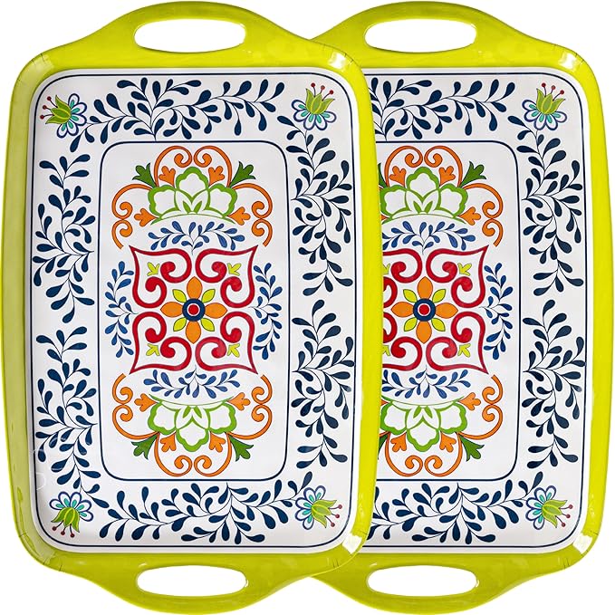 Large Serving Platter with Handles,19”x12”Large Rectangular Melamine Serving Tray Set of 2, Kitchen Food and BBQ Serving Platter, Talavera Grilling Prep and Serve Tray, Dishwasher Safe