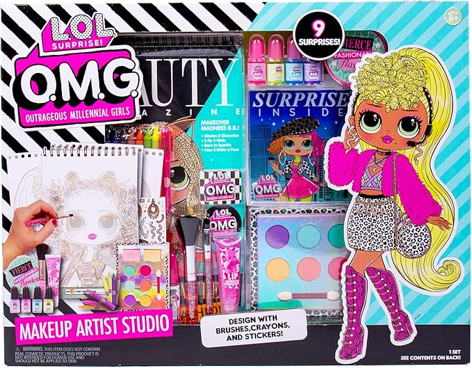 Horizon Group USA LOL OMG Make Up Artist Studio, DIY Craft Kit, Design with Brushes, Crayons & Stickers.Use Stencils to Color in Make-Up.Nail Polish, Decals & Surprise Blind Bags Included-BrightBean Baby