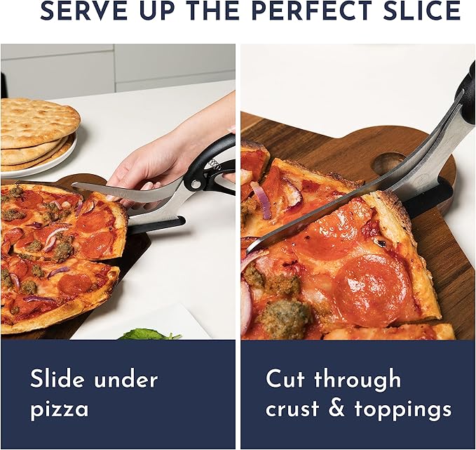 Loftern Pizza Scissors - Non-Stick Pizza Scissors with Firm Grip Base - Food Grade Stainless Steel Pizza Cutter - 5-in-1 Food Slicer & Pizza Server - Durable, Safe & Mess Free