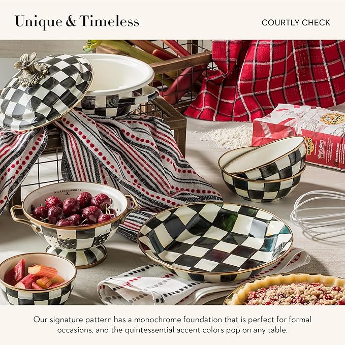 MACKENZIE-CHILDS Enamel Everyday Bowl, Serving Bowl for Entertaining, Extra-Small, Black-and-White Courtly Check, Set of 4