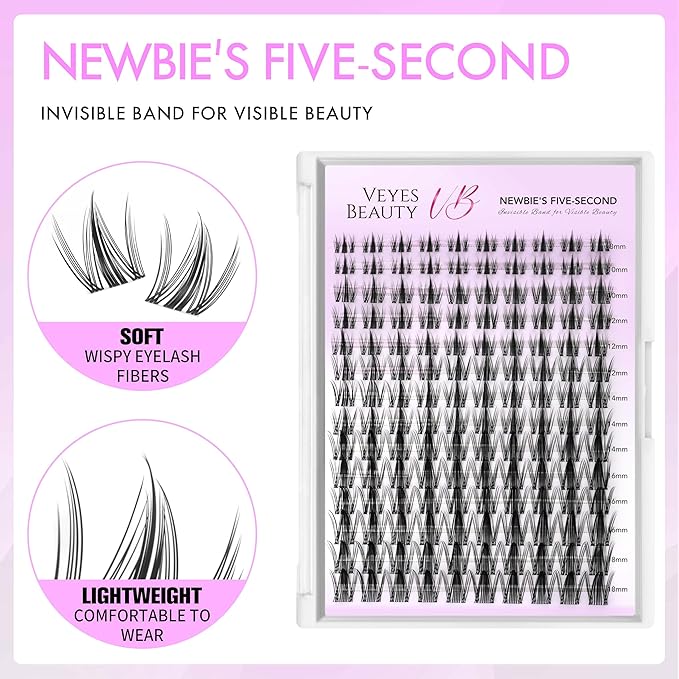 VEYESBEAUTY Lash Clusters Eyelash Extensions Thin & Invisible Band DIY Individual False Eyelashes Newbie's Five-Second Series Wispy Lash Tray for Self-application, Manga Lashes 8-18mm Mixed Length-BrightBean Baby