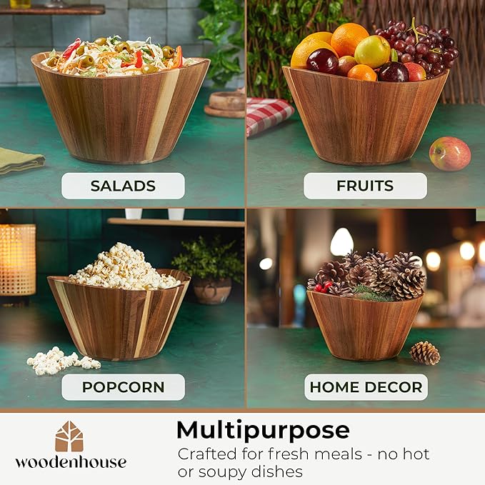 Wooden Salad Bowl Set, Salad Bowls Set of 3 - Wavy Design Salad Bowl Set for Serving, Handmade, Durable and Stylish Natural Wood Dining Accessory by Woodenhouse