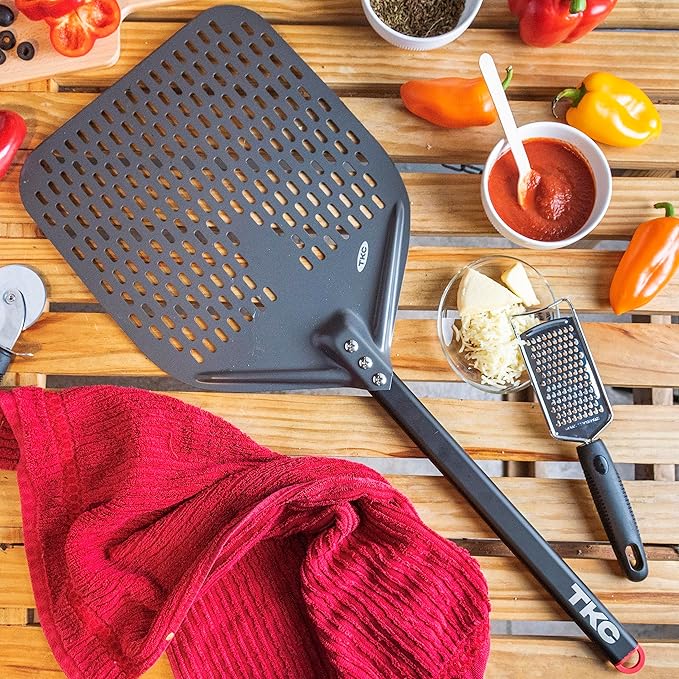 TKC 12", 8" Perforated Pizza Peels - Professional Aluminum Pizza Turning peel - Long Handle Metal Pizza Spatula for Indoor and Outdoor - Lightweight Non-Stick Pizza Turner - Pizza Oven Accessories