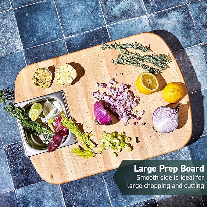 HexClad Hybrid Beechwood Carving and Cutting Board with Stainless Steel Drip Tray, Carrying Handle, and Juice Trenches, Double-Sided