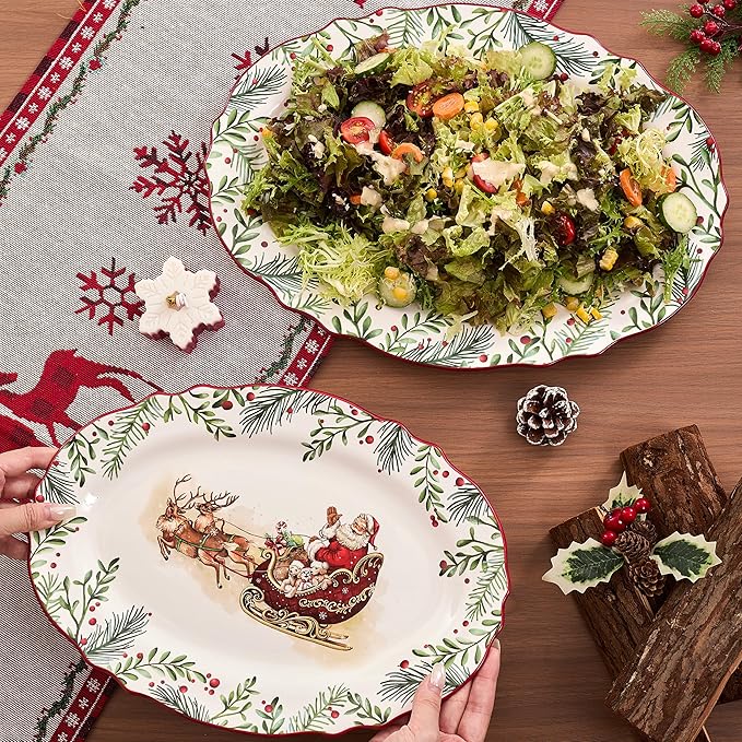Bico Santa On The Way 16 plus 14 inch Scalloped Oval Platters Set, Set of 2, Microwave and Dishwasher Safe, for Serving Fish, Chicken, Turkey