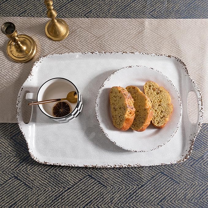 Farmhouse Melamine Serving Tray with Handles, Set of 2, 19"x12" Extra Large Rectangular Turkey Serving Platter, Serving Food Trays for Entertaining, Christmas,Thanksgiving,Party, Ivory