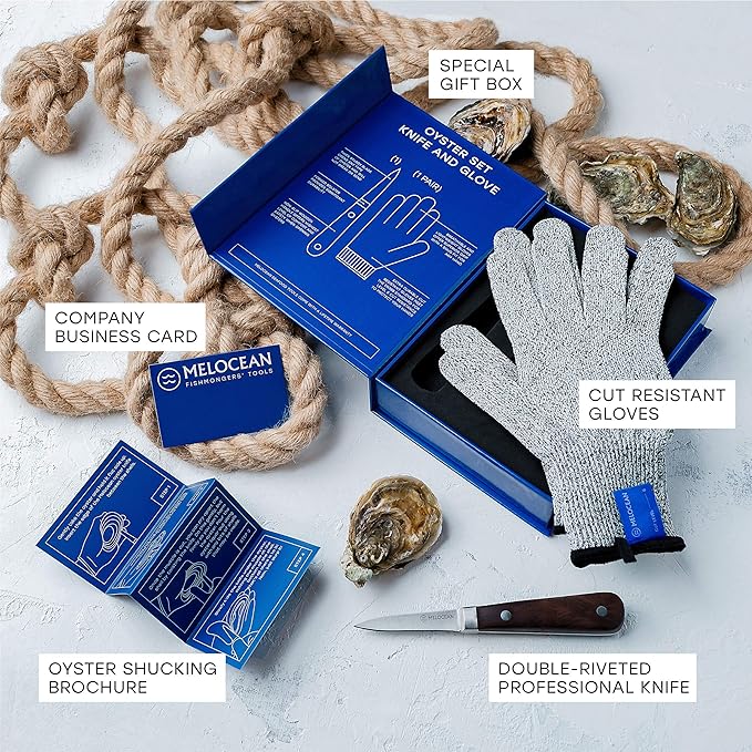 Oyster Shucking Knife and Gloves Set - Premium Oyster Knife and Shucking Gloves Kit - Professional Clam Shucker Opener Tool in Lovely Box - Bonus Ebook and Brochure Included