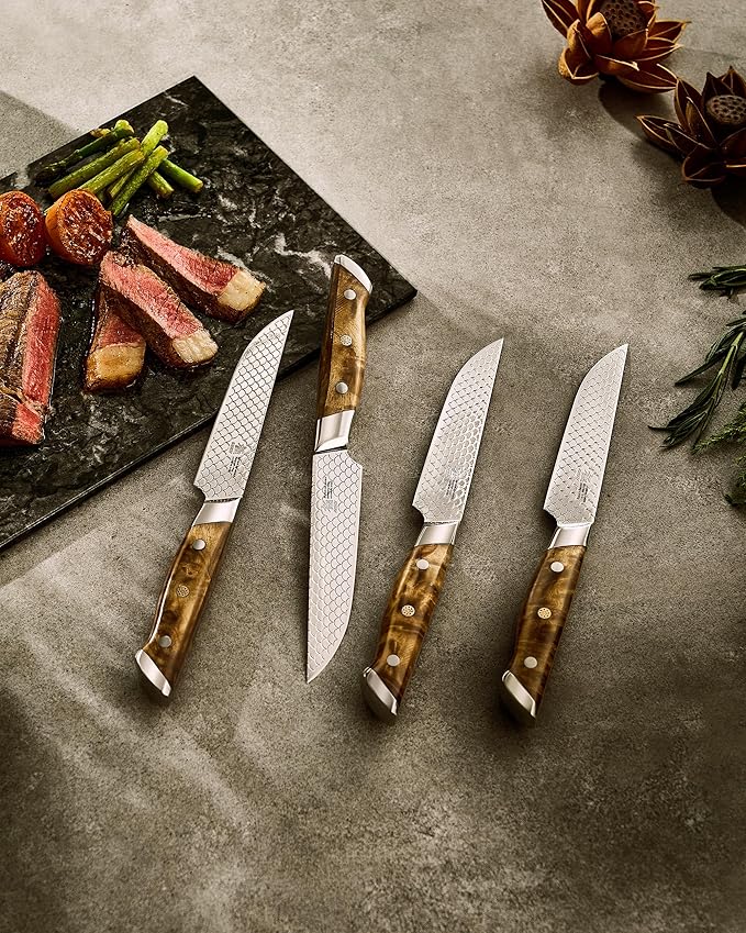 KYOKU 4.8" Steak Knife Set of 4 with Non-Stick Koi Scale Pattern, Japanese VG10 Stainless Steel Steak Knives with Sheath Gift Box, Shogun Koi Series Full Tang Knives for Steak with Camphorwood Handles