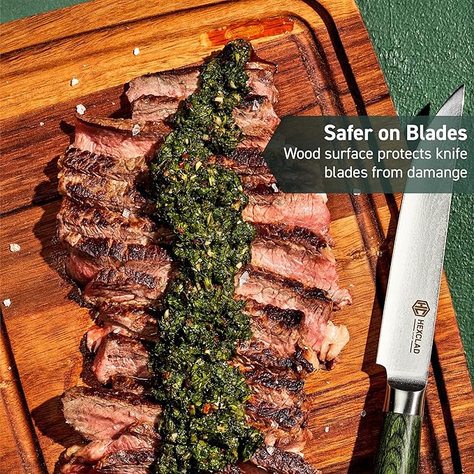 HexClad 4-Piece Bistecca Wooden Steak Plate Set with Juice Channel for Meats, Stackable Design with Straight Edges and Completely Flat Base, Easy to Clean, Lightweight and Durable