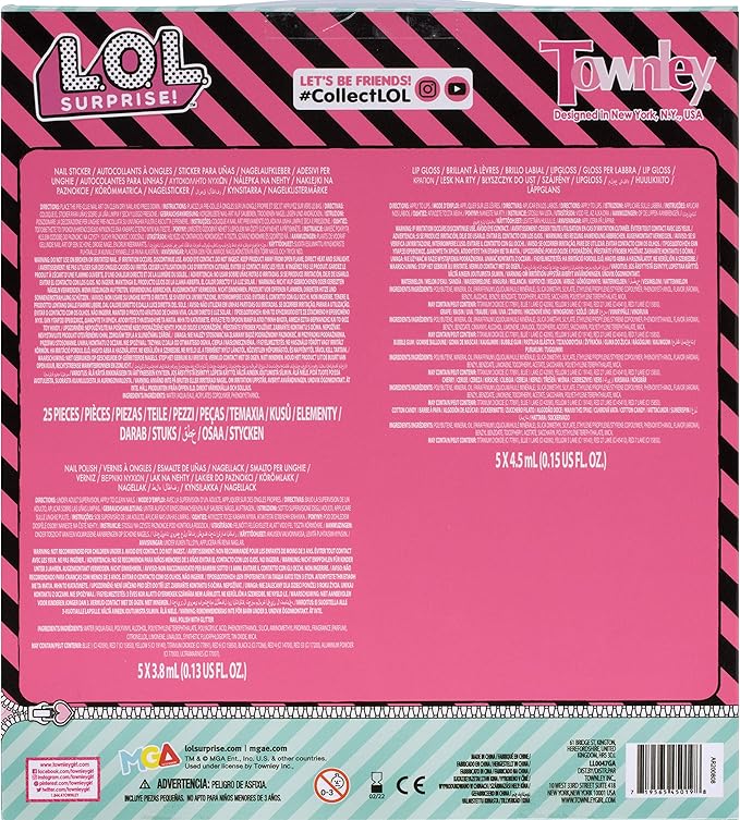 LOL Surprise Townley Girl 11 Pcs Sparkly Cosmetic Makeup Set for Kids Includes 5 Lip Gloss, 5 Nail Polish & Nail Stickers for Girls Tweens, Ages 3+ Perfect for Parties, Sleepovers and Makeovers-BrightBean Baby