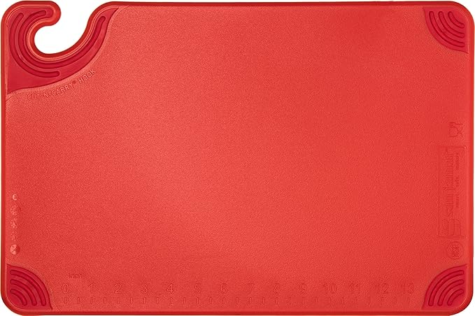 San Jamar Saf-T-Grip Plastic Cutting Board with Safety Hook, 12" x 18" x 0.5", Red