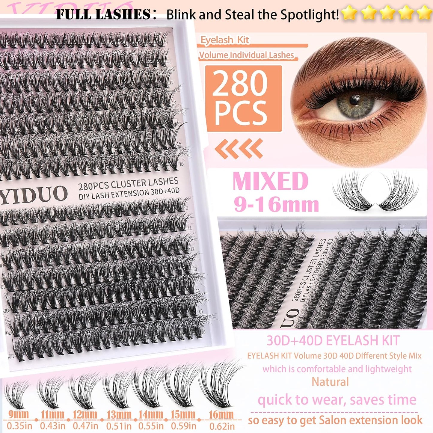 Lashes 7 style Mixed C-Curl False Eyelashes Extensions Clusters Lashes Kit Gift Packs 835Pcs with Bond&Seal Faux Mink Individual Lash Wholesale Pack DIY Individual Fake Eyelashes Box-BrightBean Baby