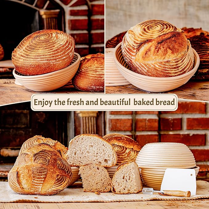 Sourdough Bread Baking Supplies Starter Kit, Banneton Proofing Basket Round 9" Set of 2, Gift Set
