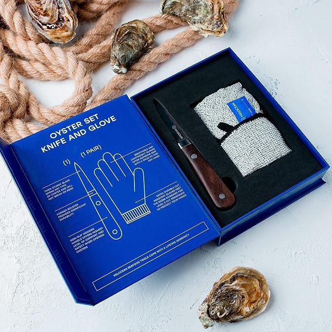 Oyster Shucking Knife and Gloves Set - Premium Oyster Knife and Shucking Gloves Kit - Professional Clam Shucker Opener Tool in Lovely Box - Bonus Ebook and Brochure Included