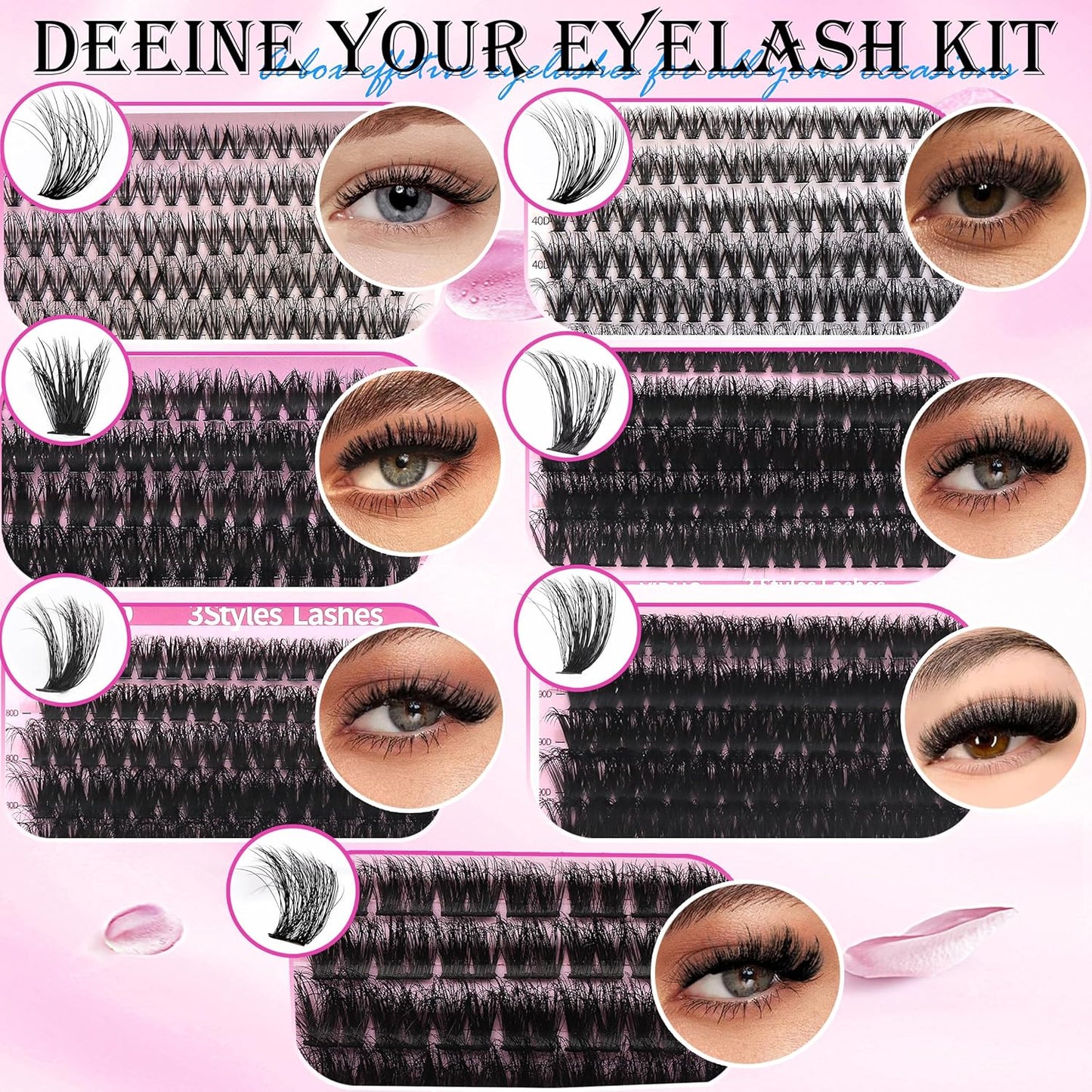 Lashes 7 style Mixed C-Curl False Eyelashes Extensions Clusters Lashes Kit Gift Packs 835Pcs with Bond&Seal Faux Mink Individual Lash Wholesale Pack DIY Individual Fake Eyelashes Box-BrightBean Baby
