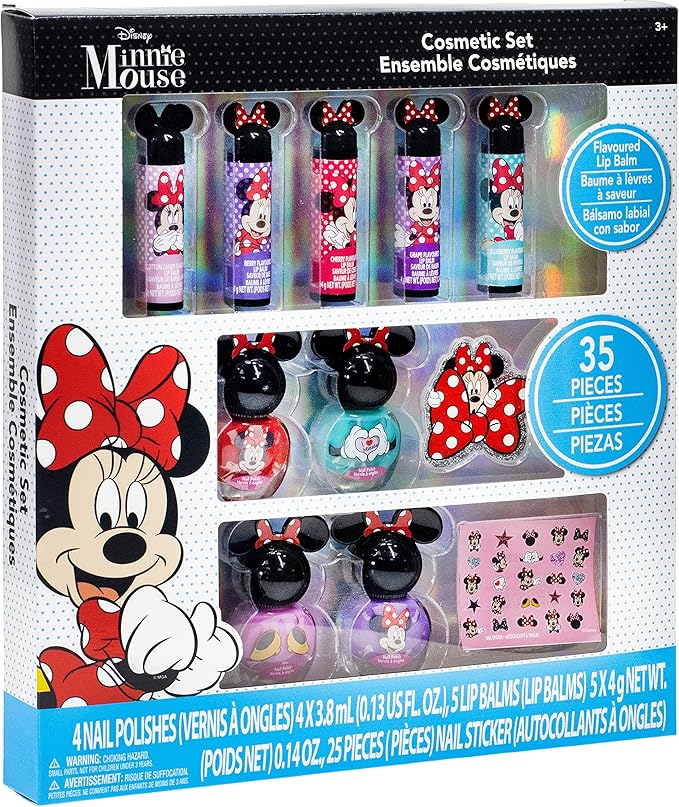 Townley Girl Disney Minnie Mouse Sparkly Cosmetic Makeup Set for Girls with Lip Balm Nail Polish Nail Stickers-35 Pcs|Perfect for Parties Sleepovers Makeovers|Birthday Gift for Girls above 3 Yrs, Kid-BrightBean Baby