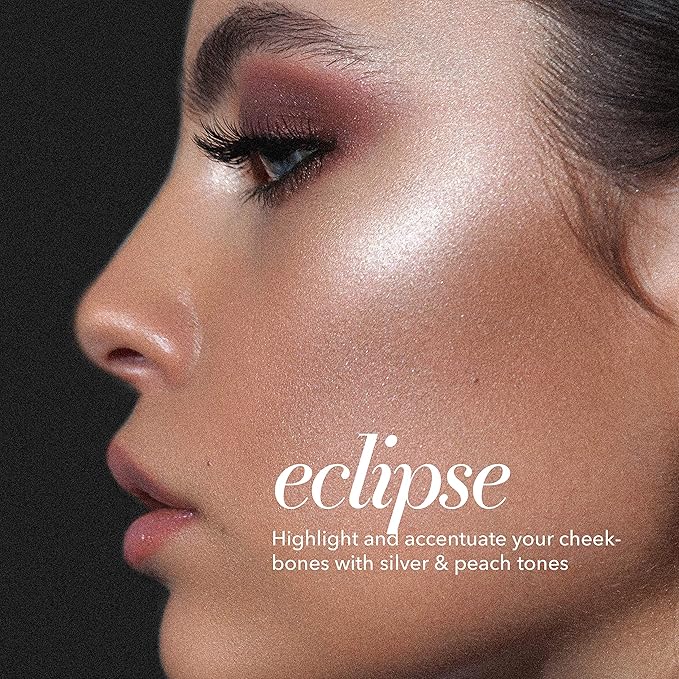 Pippa of London Eclipse Highlighter Palette 381 Make Up for Cheeks and Face with 4 Luxury Highlighters in a Silver Gold Case with Mirror-BrightBean Baby