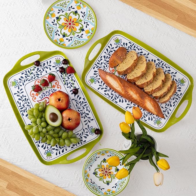 Large Serving Platter with Handles,19”x12”Large Rectangular Melamine Serving Tray Set of 2, Kitchen Food and BBQ Serving Platter, Talavera Grilling Prep and Serve Tray, Dishwasher Safe