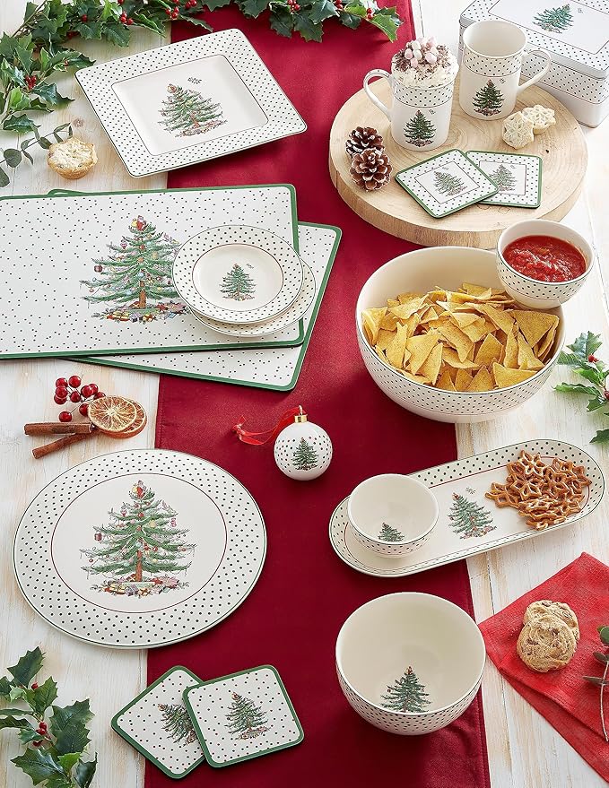 Spode Christmas Tree 6" Polka Dot Tidbit Plates (Set of 4) - Round Appetizer Plates with Festive Polka Dot Border - Dishwasher, Microwave & Freezer Safe Porcelain for Holiday Entertaining