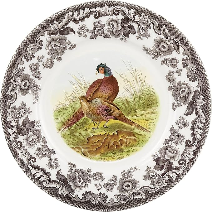 Spode Woodland Pheasant Luncheon Plate - 9" Fine Earthenware Plate with British Flowers Border, Rustic Game Bird Design - Dishwasher, Microwave, Oven & Freezer Safe - Made in England