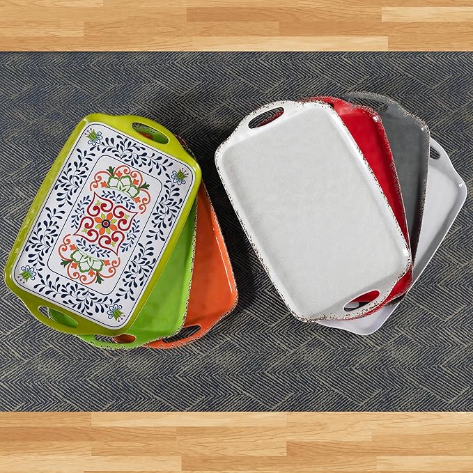 Large Serving Tray with Handles,19”x12” Large Rectangular Melamine Serving Platters Set of 2, Kitchen Food and BBQ ServingTray,Dishwasher Safe, Bright White