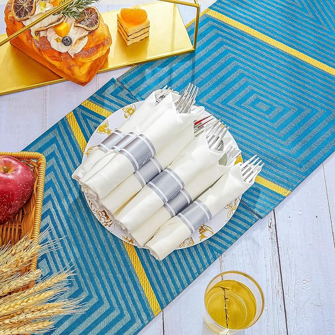 N9R 50 Pack Pre Rolled Silver Plastic Cutlery Set, 50 Forks, 50 Knives, 50 Spoons, 50 Napkins, Disposable Cutlery Set for Party and Wedding